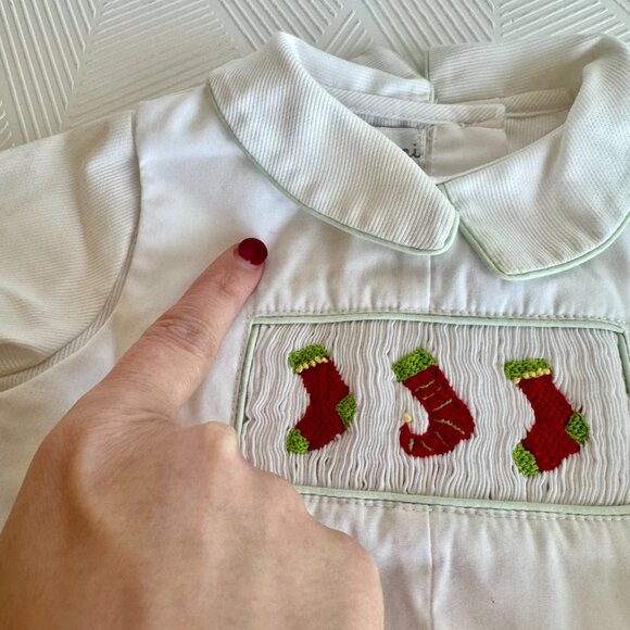 Petit Ami Christmas Smocked Romper 6 Months White Holiday Outfit Stockings - Picture 7 of 11